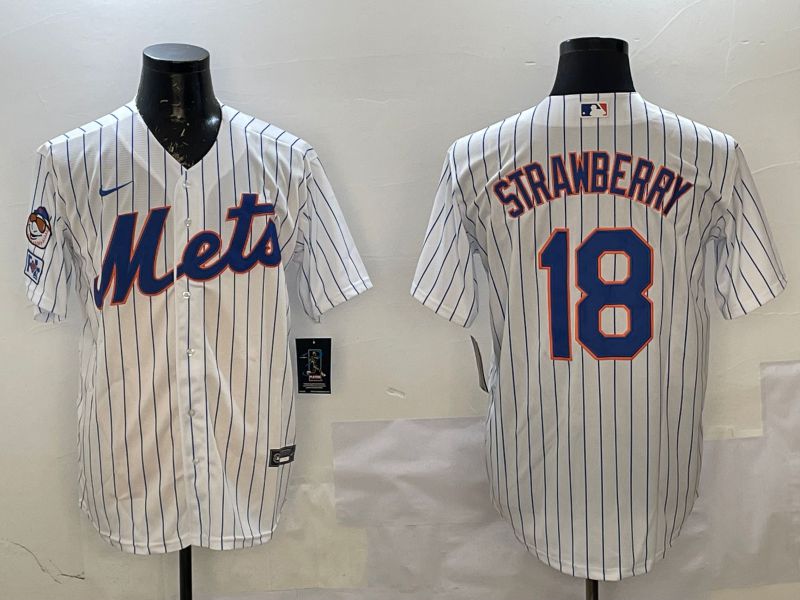 Men New York Mets 18 Strawberry White Stripe Game 2025 Nike MLB Jersey style 1